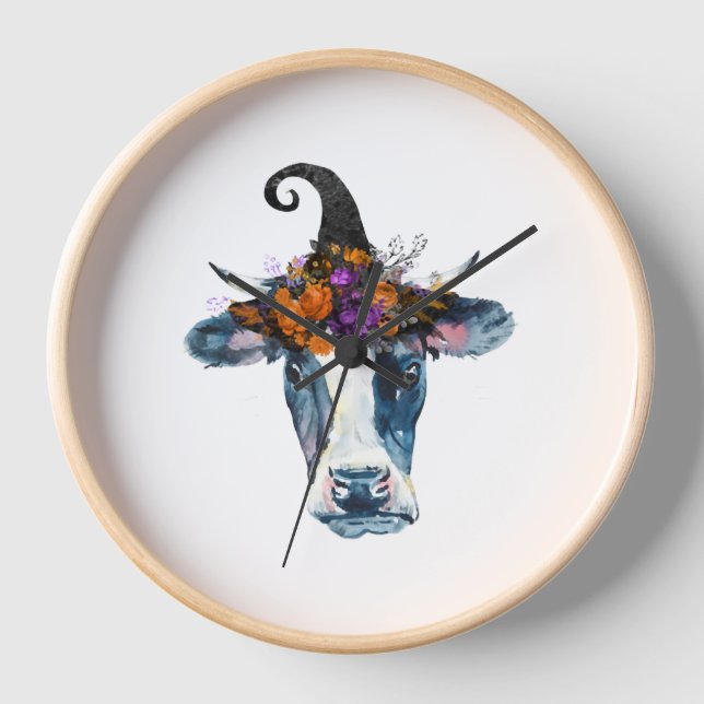 Kuh Schwarz-weiß Halloween Hexe Uhr (Vorderseite)
