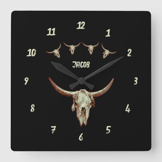Kuh Skull Brown Schwarzer Western Land Rustikaler  Quadratische Wanduhr (Vorderseite)