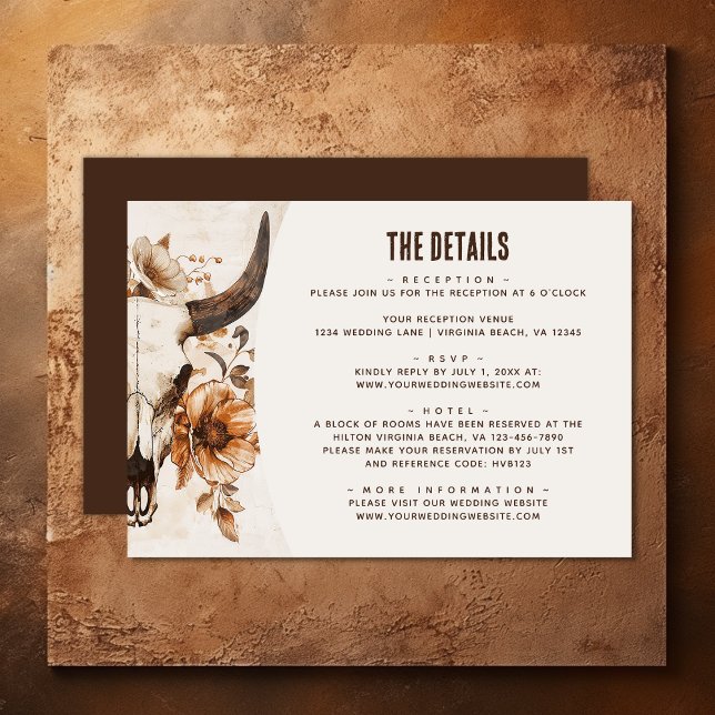 Kuh Skull Floral Boho Western Hochzeitdetails Begleitkarte (Cow Skull Floral Boho Western Wedding Details Enclosure Card)