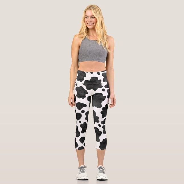 Kuh-Spots Muster Schwarz-Weiß-Tierdruck Capri Leggings (Vorderseite)