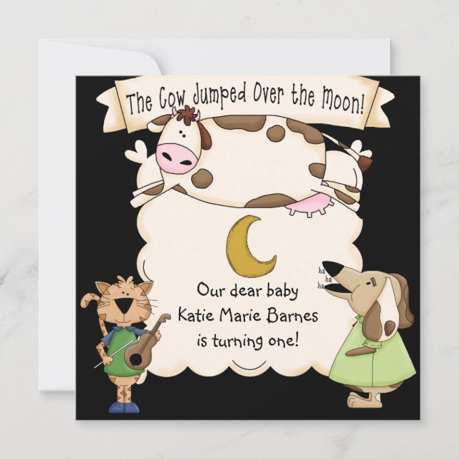 Kuh sprang über den Mond Custom Birthday Invites Einladung (Vorderseite)