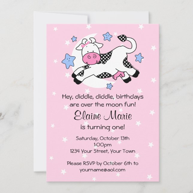 Kuh über Mond Baby Geburtstag Einladung (Vorderseite)