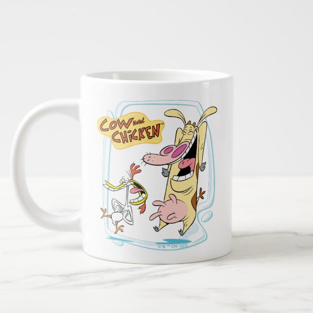 Kuh und Hühnchen lachen Grafik Jumbo-Tasse (Links)