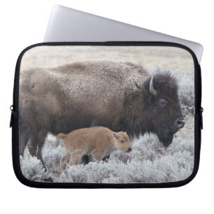 Kuh und Kalb Bison, Gelbstein Laptopschutzhülle