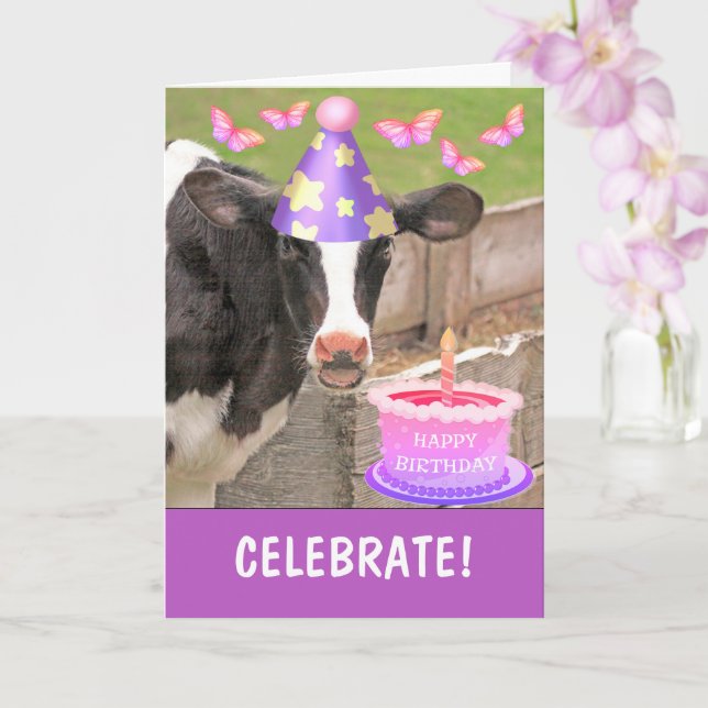 Kuh und Kuchen zum Geburtstag glücklich Karte (Orchidee)