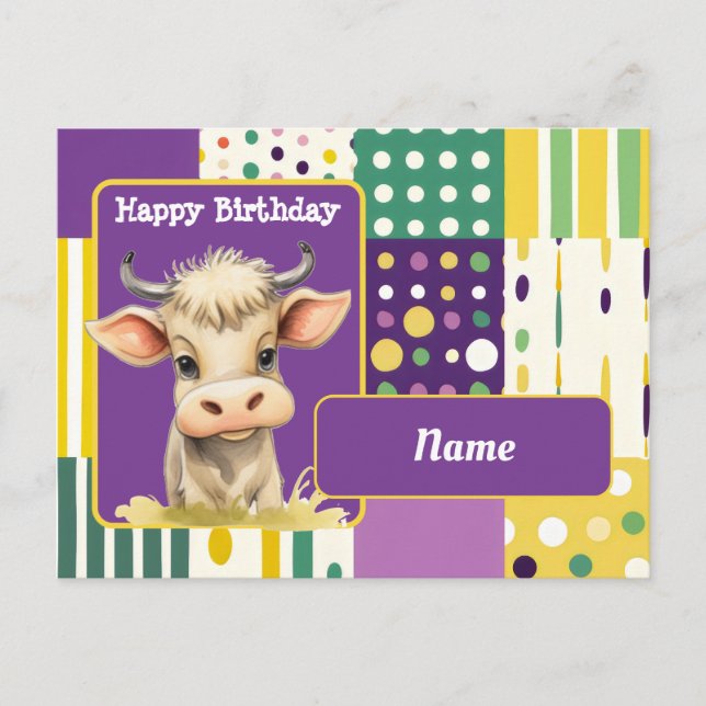 Kuh und Retro Punkte und Linien Happy Birthday Postkarte (Vorderseite)