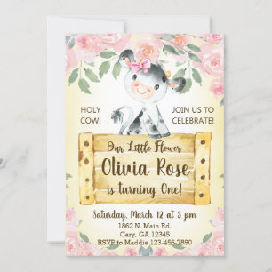 Kuh und Rose Mädchen 1. Geburtstag Einladung. Einladung