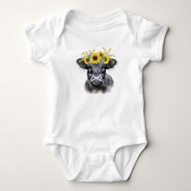 Kuh und Sonnenblumen, Hochlandkuh Baby Strampler (Vorderseite)