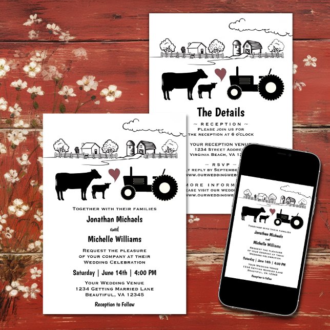 Kuh- und Traktorenlandwirtschaft in einer Hochzeit Einladung (Cows and Tractor Country Farm All in One Wedding Invitation
)