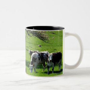 Kuh unter blühenden Apfelbäumen in Normandie Zweifarbige Tasse