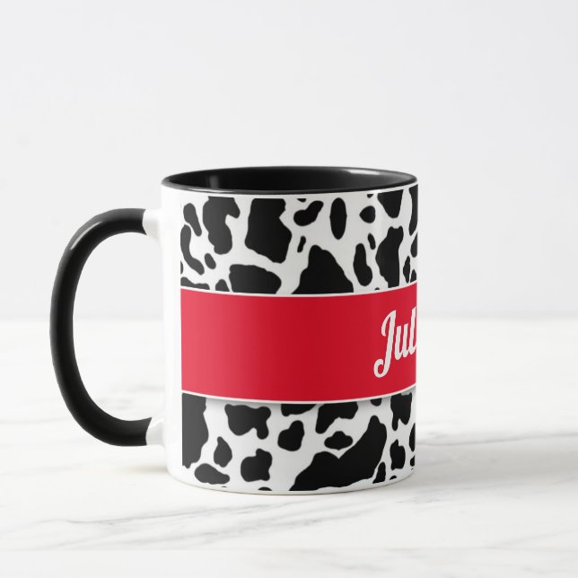 Kuhdruck mit roter Grenze und weißem Namen Tasse (Links)