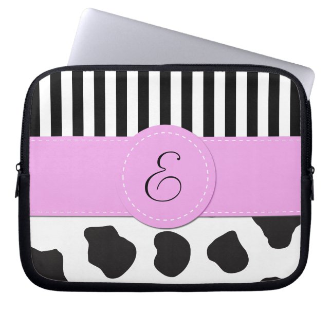 Kuhdruck, Streifen, Schwarz und Weiß, Monogramm Laptopschutzhülle (Vorderseite)