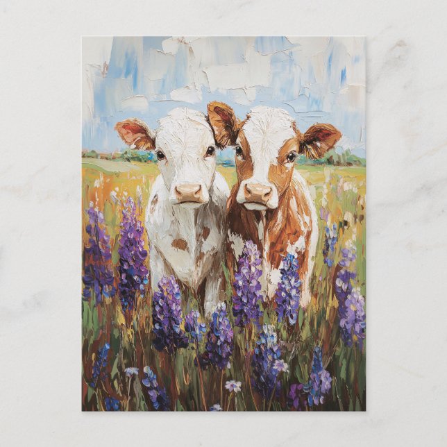 Kühe Kälber Lupine Blume Malerei Postkarte (Vorderseite)