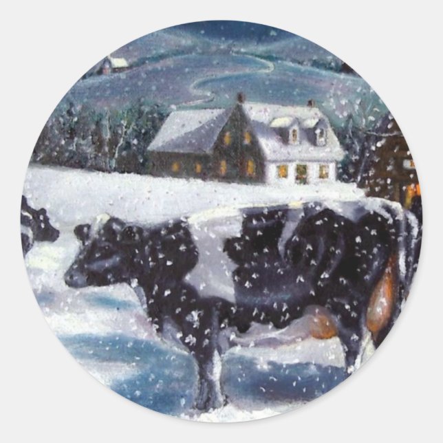 KÜHE: SCHNEE: KUNST: HOLTEIN RUNDER AUFKLEBER (Vorderseite)