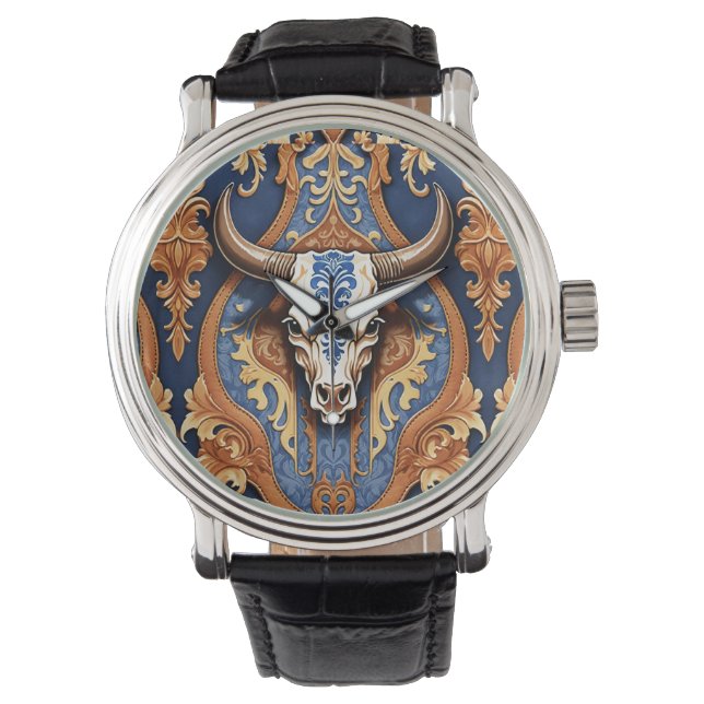 Kuhkopf Western aus geschliffenem Leder Damaske Armbanduhr (Vorderseite)