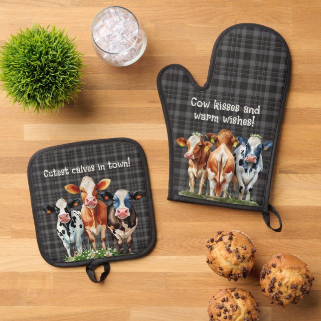 Kuhkurse auf Kariertem Schwarz Ofenhandschuh & Topflappen-Set (Oben Unten)