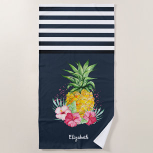 Kühle Ananas Hibiskus Marineblau Gestreift Strandtuch