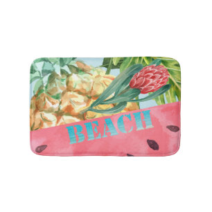 Kühle Ananas Wassermelone Hibiskus Palmblätter Badematte