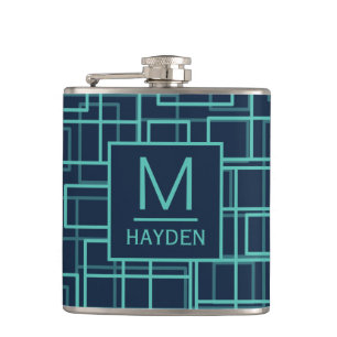 Kühle blaue geometrische Gittermuster-Monogramm-Fl Flachmann