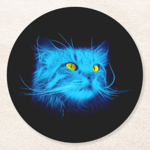Kühle blaue Neon-Katzenkunst - Leuchtendes Tierdes Runder Pappuntersetzer