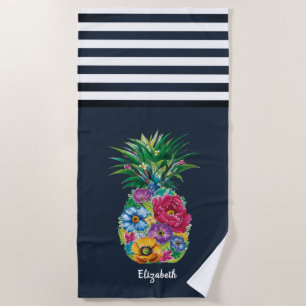 Kühle florale Ananas-nautische marineblaue Streife Strandtuch