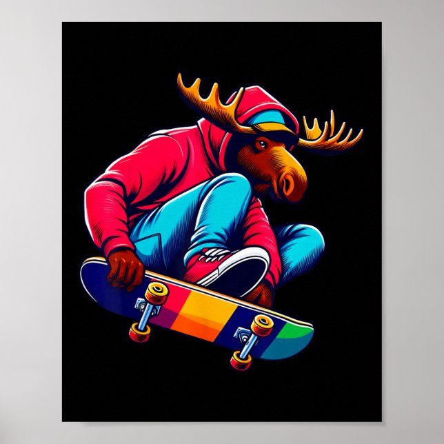 Kühle funky Elch-Skateboarding-Illustrationskunst  Poster (Vorne)