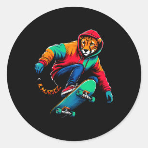 Kühle funky Gepard Skateboarding-Illustrationskuns Runder Aufkleber