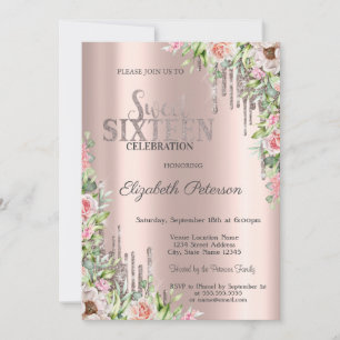 Kühle Glitter-Tropfen Rose Gold Rosen Sweet 16  Einladung