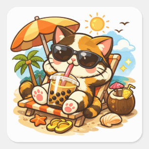 Kühle Katze entspannt auf einem Strandstuhl   Somm Quadratischer Aufkleber