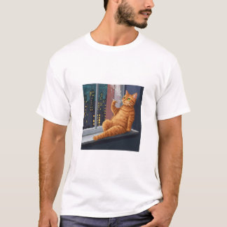 Kühle orange Katze auf Balkon – Retro 8-Bit Nacht T-Shirt
