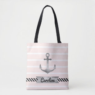 Kühle rosa Streifen Wasserfarbe Anker Personalisie Tasche