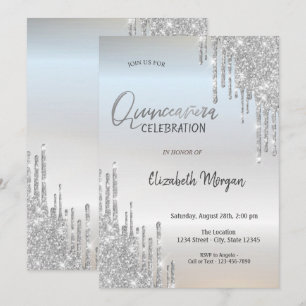 Kühle silberne Glittertropfen Quinceañera Einladung