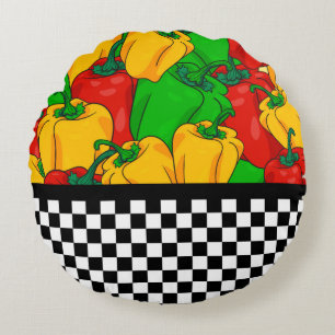 Kühle Tri-farbene Paprikaschoten und Checkerboard Rundes Kissen