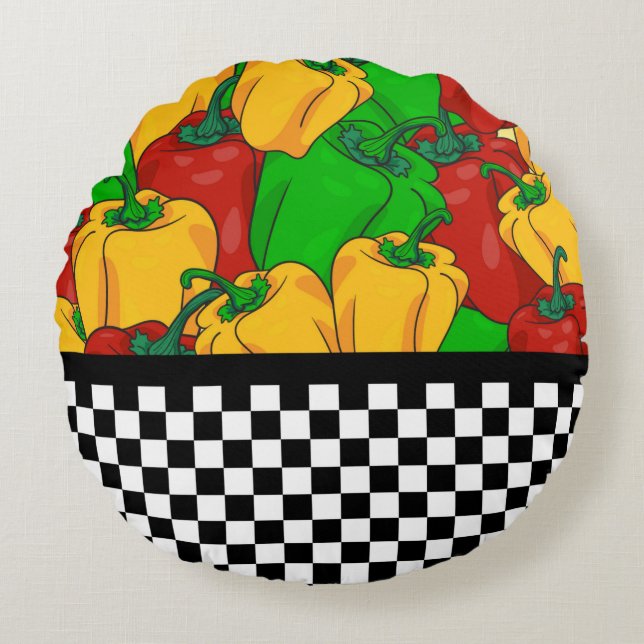 Kühle Tri-farbene Paprikaschoten und Checkerboard Rundes Kissen (Vorderseite)
