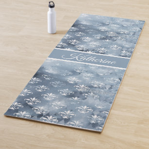 Kühle Vintage-Blau Fleur-de-Lis-Script-Name Yogamatte