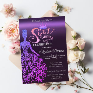 Kühler Glitter Bokeh, Kleid, Tiara, Lila Sweet 17 Einladung