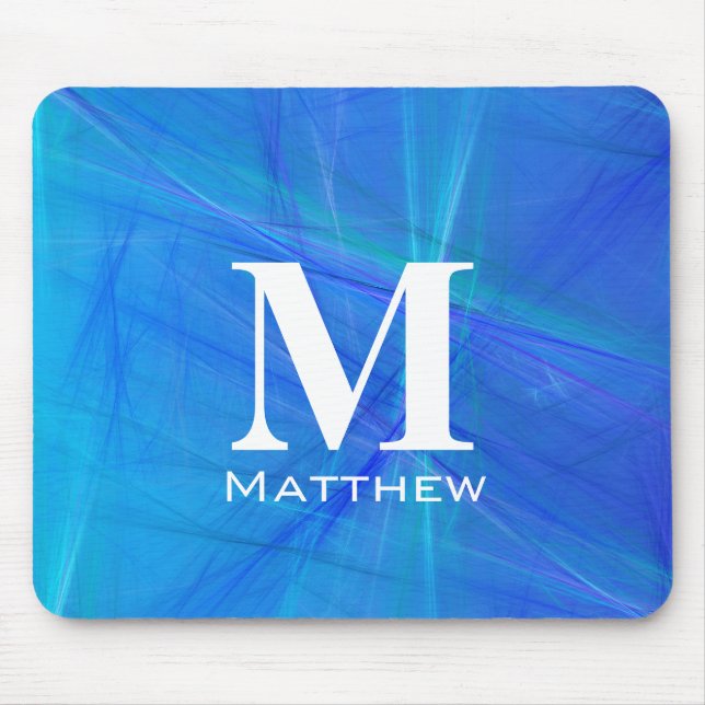 Kühles Blau Fraktal Weiß Monogramm Name Mousepad (Vorne)