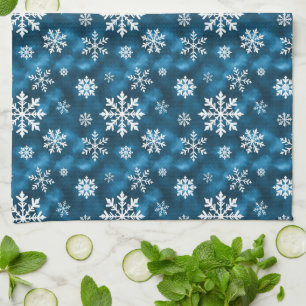 Kühles Blau mit weißem Schneeflockenmuster Winter Geschirrtuch