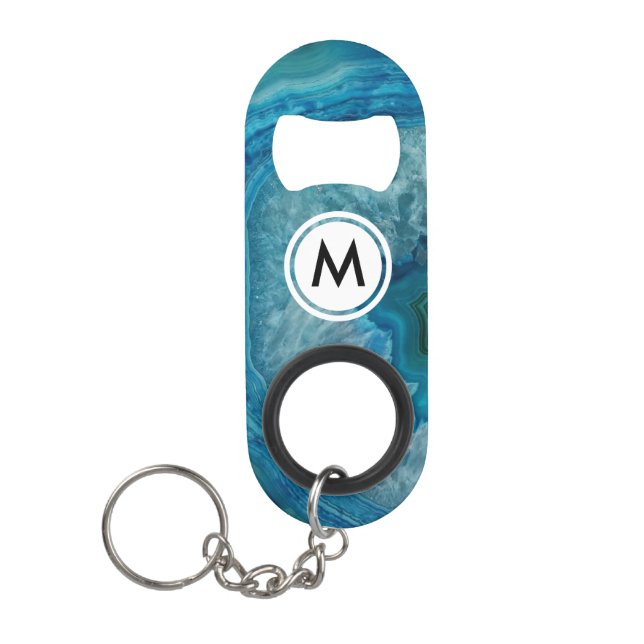 Kühles Blaues Achatmuster mit Monogramm Mini Flaschenöffner (Vorderseite)