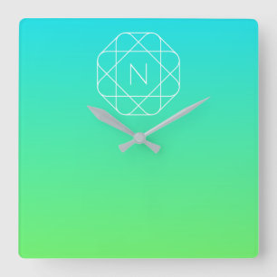 Kühles geometrisches Monogramm Blau und Limetten Quadratische Wanduhr