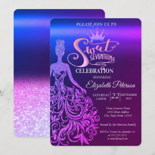 Kühles Glitzerkleid, Tiara, Lila Ombre Sweet 17 Einladung
