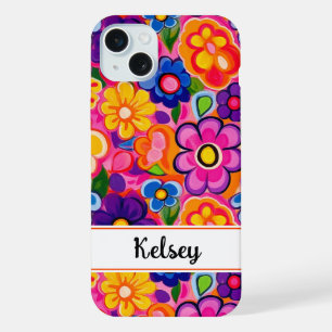 Kühles Retro-Blumenmuster personalisiert iPhone 15 Plus Hülle