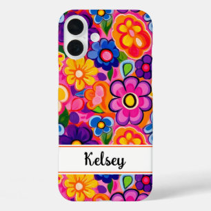Kühles Retro-Blumenmuster personalisiert iPhone 16 Plus Hülle