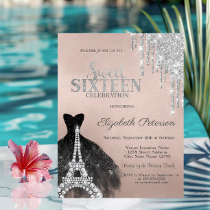 Kühles silbernes Glitter-Tropfen Schwarzes Kleid S Einladung