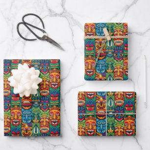 Kühles Strand-Tiki-Kopf-Fliesenmuster  Geschenkpapier Set