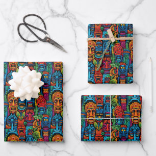 Kühles Strand-Tiki-Kopf-Fliesenmuster  Geschenkpapier Set