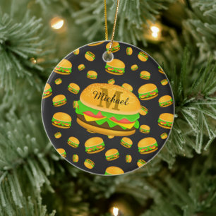 Kühles und lustiges leckeres Burger-Muster-Monogra Keramik Ornament