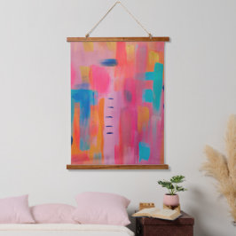 Kühne Abstrakte Kunst in Pinks und Blues Wandteppich Mit Holzrahmen