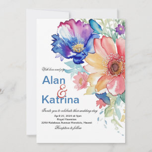 Kühne Aquarell-Blumen in Blau Rosa Pfirsich zur Ho Einladung