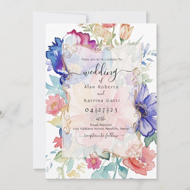 Kühne Aquarell-Elegante Blumenhochzeit Einladung (Vorderseite)